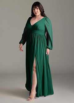 Azazie Norah Bridesmaid Dresses Emerald A-Line V-Neck Long Sleeve Chiffon Dress image11