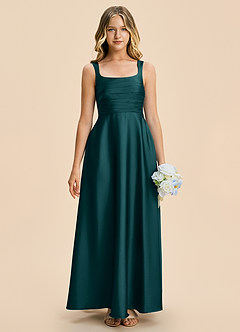 Azazie Azaria Junior Pine A-Line Pleated Stretch Satin Dress image3
