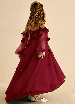 Azazie Karrie vestidos de niña de las flores Vestido de Borgoña de Tul de Corte En A con Con mangas image6