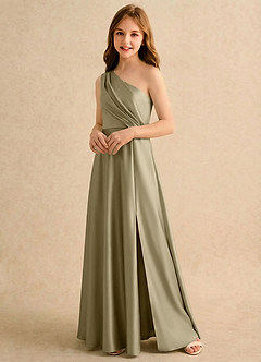 Azazie Puddles Girls Formal Flower Girl Dresses Moss Green A-Line One Shoulder Stretch Satin Dress image4
