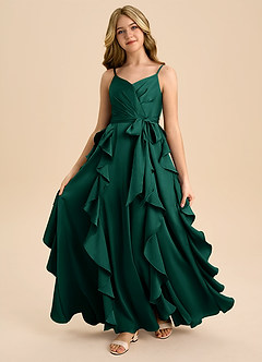 Azazie Peyton Junior Robe Trapèze en Satin extensible Plissée émeraude image5