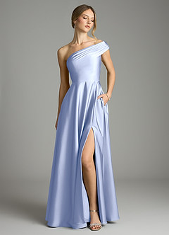 Azazie Melanie 신부 들러리 드레스 A라인 오프 더 숄더 스트레치 새틴 바닥 길이 드레스 image1