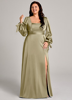 Azazie Leonia Bridesmaid Dresses Moss Green A-Line Long Sleeve Stretch Satin Dress image10