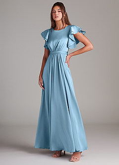 Azazie Daphne Robes de demoiselle d'honneur modestes Robe Trapèze Rayé Longueur ras du sol Satin extensible image4