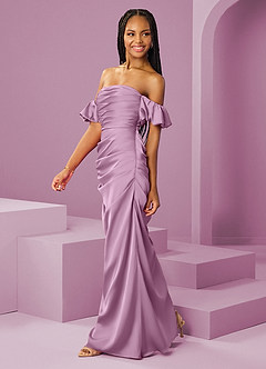 Barbie ♥ Azazie Robes de demoiselle d'honneur Robe Fourreau Convertible en Satin extensible Épaule décolletée Glycine image4