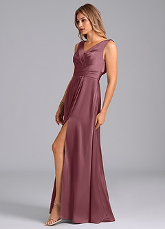 Azazie Karina At-home Try On Dresses Desert Rose A-Line Pleated Stretch Satin Dress image3