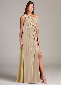 Azazie Brooke Bridesmaid Dresses Champagne A-Line One Shoulder Velvet Dress image3