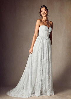 Azazie Lorena Wedding Dresses Diamond White A-Line Strapless Lace Dress image4
