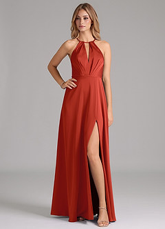 Azazie Evalleen Bridesmaid Dresses Rust A-Line Pleated Stretch Satin Dress image1
