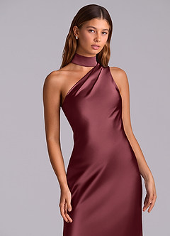 Azazie Seona Robes de demoiselle d'honneur Robe Sirène en Satin extensible Une épaule Merlot image2