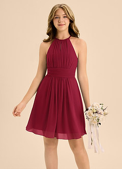 Azazie Bonnie Junior Burgundy A-Line Pleated Chiffon Dress image3