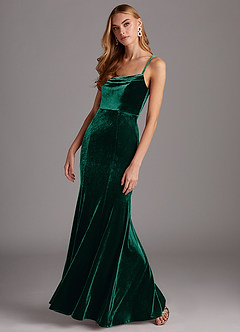 Azazie Solange Bridesmaid Dresses Emerald Sheath Pleated Velvet Dress image3