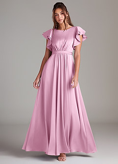 Azazie Daphne Modest Bridesmaid Dresses A-Line Ruched Stretch Satin Floor-Length Dress image1