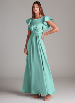 Azazie Daphne Modest Bridesmaid Dresses A-Line Ruched Stretch Satin Floor-Length Dress image2