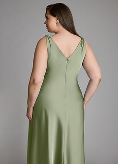 Azazie Nerine Bridesmaid Dresses Pistachio A-Line Pleated Stretch Satin Dress image12