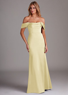 Azazie Saige Bridesmaid Dresses Lemon Sorbet Sheath Off the Shoulder Stretch Satin Dress image4