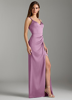 Azazie Leo Bridesmaid Dresses Wisteria Sheath Pleated Stretch Satin Dress image3