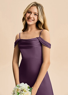 Azazie Lettie Junior Linia A Zza ramienia Satyna elastyczna Długość podłogi Młodsza druhna Sukienka image5