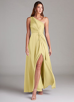 Azazie Brooke Bridesmaid Dresses Lemon Sorbet A-Line One Shoulder Stretch Satin Dress image3