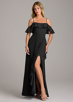 Azazie Aubrie Bridesmaid Dresses Black A-Line Off the Shoulder Chiffon Dress image4