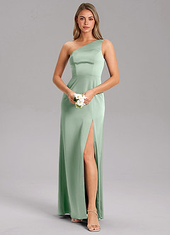 Azazie Feby Bridesmaid Dresses Agave A-Line One Shoulder Stretch Satin Dress image1