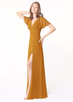 Azazie Kimber Bridesmaid Dresses Butterscotch A-Line Flounce Sleeve Chiffon Dress image3