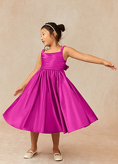 Azazie Cutie Pie Flower Girl Dresses Fuchsia A-Line Pleated Matte Satin Dress image3