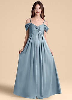 Azazie Kaitlynn Junior Jurk van Stretch Satijn met A-Lijn Off the Shoulder Stoffig Blauw image6