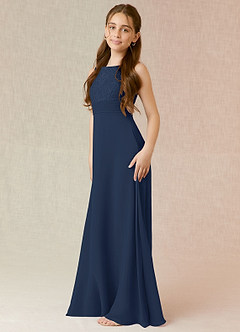 Azazie Snow Junior Dark Navy A-Line Lace Chiffon Dress image3