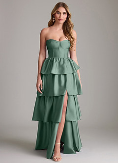 Azazie Faye Bridesmaid Dresses Eucalyptus A-Line Ruched Stretch Satin Dress image1