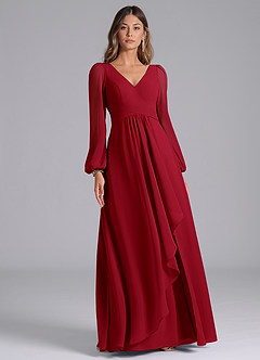 Azazie Liah Bridesmaid Dresses Scarlet A-Line Long Sleeve Chiffon Dress image3