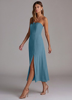 Azazie Wren 신부 들러리 드레스 A라인 스트랩리스 쉬폰 티 길이 드레스 image3