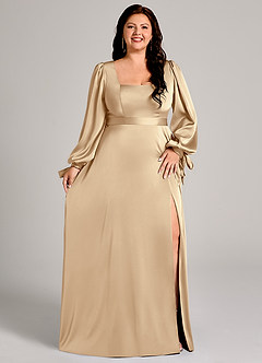 Azazie Leonia Robes de demoiselle d'honneur Robe Trapèze en Satin extensible Manche longue Champagne image11
