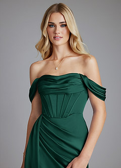 Azazie Amyra Bridesmaid Dresses Emerald Mermaid Off the Shoulder Stretch Satin Convertible Dress image4