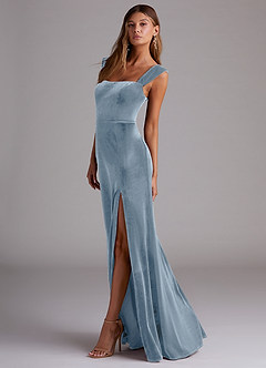 Azazie Junia Bridesmaid Dresses Dusty Blue Sheath Off the Shoulder Velvet Convertible Dress image5