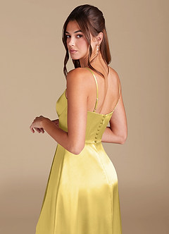Azazie Halsey Bridesmaid Dresses Canary A-Line Side Slit Metallic Satin Dress image2