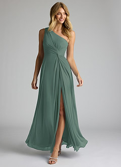 Azazie Brooke Bridesmaid Dresses Eucalyptus A-Line One Shoulder Mesh Dress image2