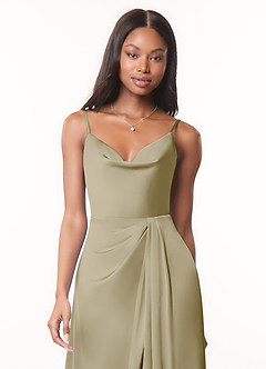 Azazie Brielle Vestidos de damas de honor Vestido de Musgo Verde de Satén Elástico de Corte en A con Tirantes finos con capucha image4