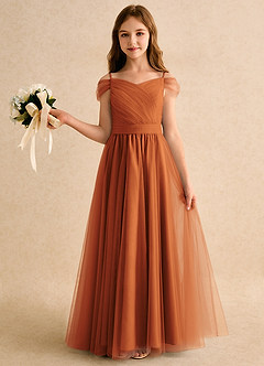 Azazie Yuna Girls Formal Flower Girl Dresses Cinnamon A-Line Off the Shoulder Tulle Dress image3