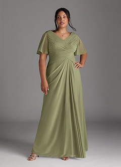 Azazie Emmeline Mother of the Bride Dresses Pistachio A-Line V-Neck Pleated Mesh Dress image8