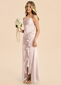 Azazie Rosalia Junior Vestido de Rosa Rubor de Satén Elástico de Corte Recto con Plisado image3