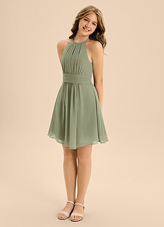 Azazie Bonnie Junior Pistachio A-Line Pleated Chiffon Dress image4