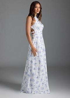 Azazie Clarice Bridesmaid Dresses Blue Cottage Floral A-Line Halter Chiffon Dress image4