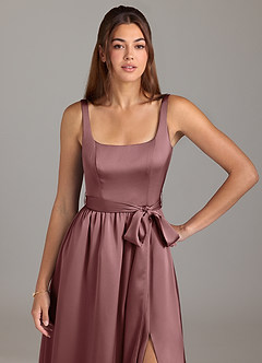 Azazie Elliott Bridesmaid Dresses Vintage Mauve A-Line with Pockets Stretch Satin Dress image2
