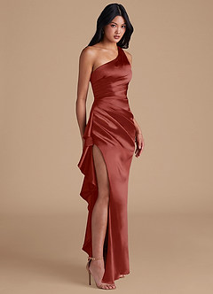 Azazie Latrice Jurken voor bruidsmeisjes Jurk van Metaalachtig Satijn met Kolom One-Shoulder Terracotta image1