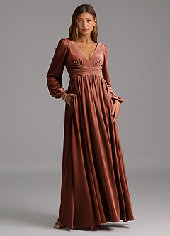 Azazie Norah Bridesmaid Dresses Terracotta A-Line Long Sleeve Velvet Dress image5