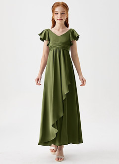 Azazie Omari Junior Olive A-Line Pleated Stretch Satin Dress image5