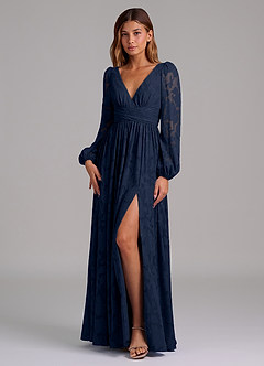 Azazie Norah Robes de demoiselle d'honneur Robe Trapèze en Blumen-Burnout Manche longue Bleu Marine Foncé image5