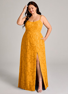 Azazie Moira Abiti da Damigella Abito A-Line in Burnout Floreale Spacco Laterale Caramello image7