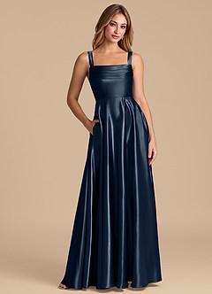 Azazie Shaude Bridesmaid Dresses Dark Navy A-Line Pleated Metallic Satin Dress image1